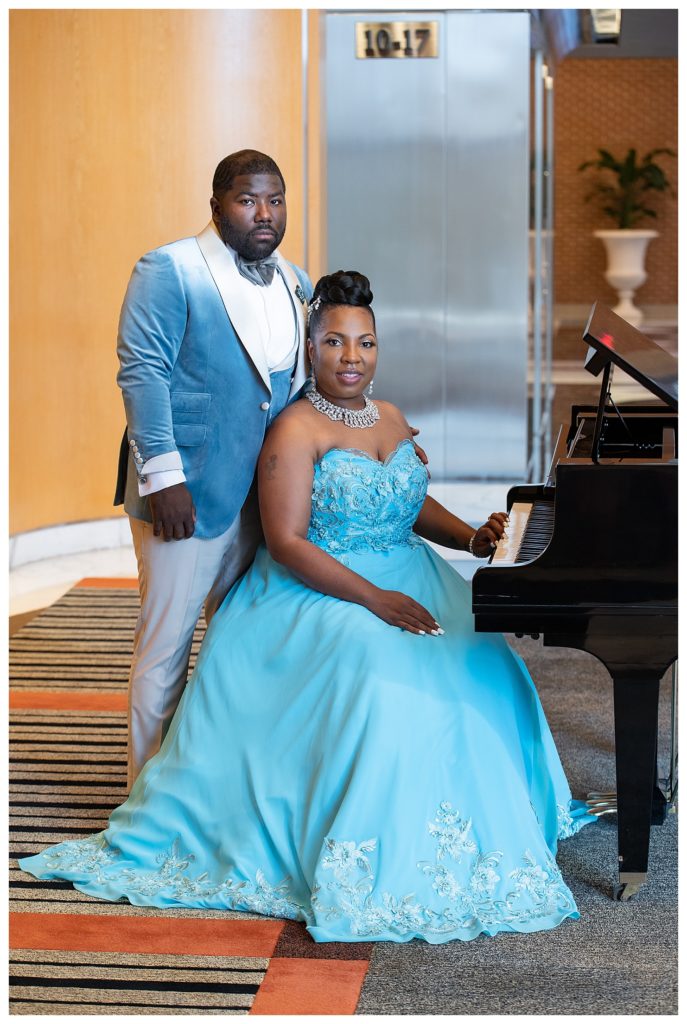 Piano bridal portrait of black couple at the Tower Club in Tysons Corner, VA