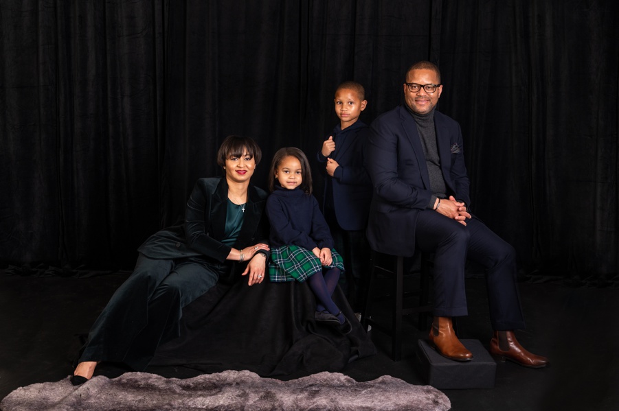 African American studio family portrait session dressed in Navy blue and green.