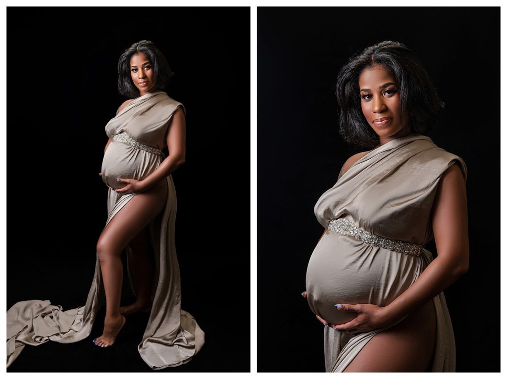 African American female studio maternity session with silk fabric by Maryland Photographer, LaTonya Photography