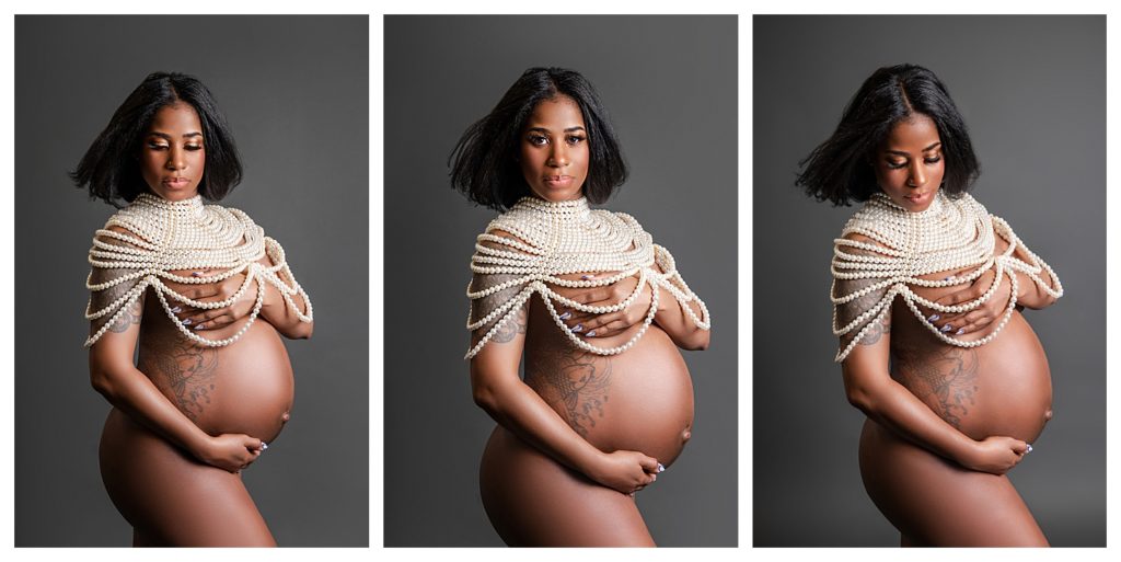 Implied nude studio maternity session of African American first time mom with a Maryland photographer