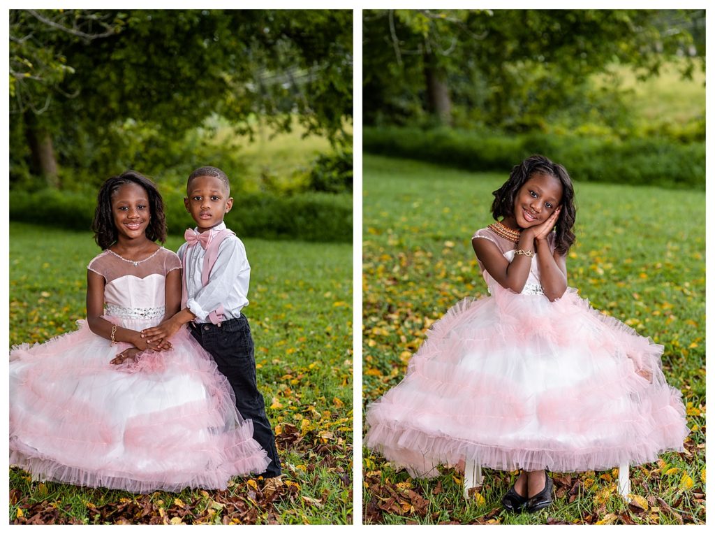 Matching sibling outfit ideas for fall family photos, pink dress and pink bowtie