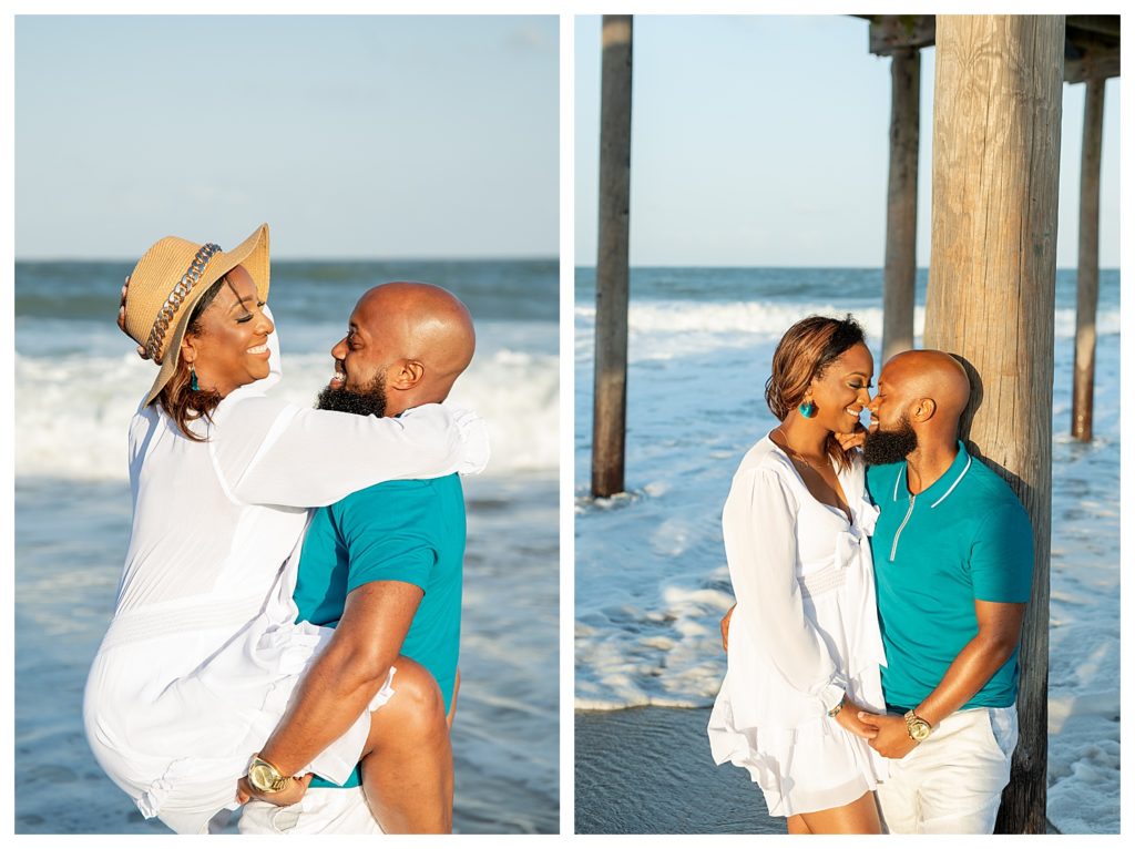 Beach engagement session of couple wearing white and aqua blue 