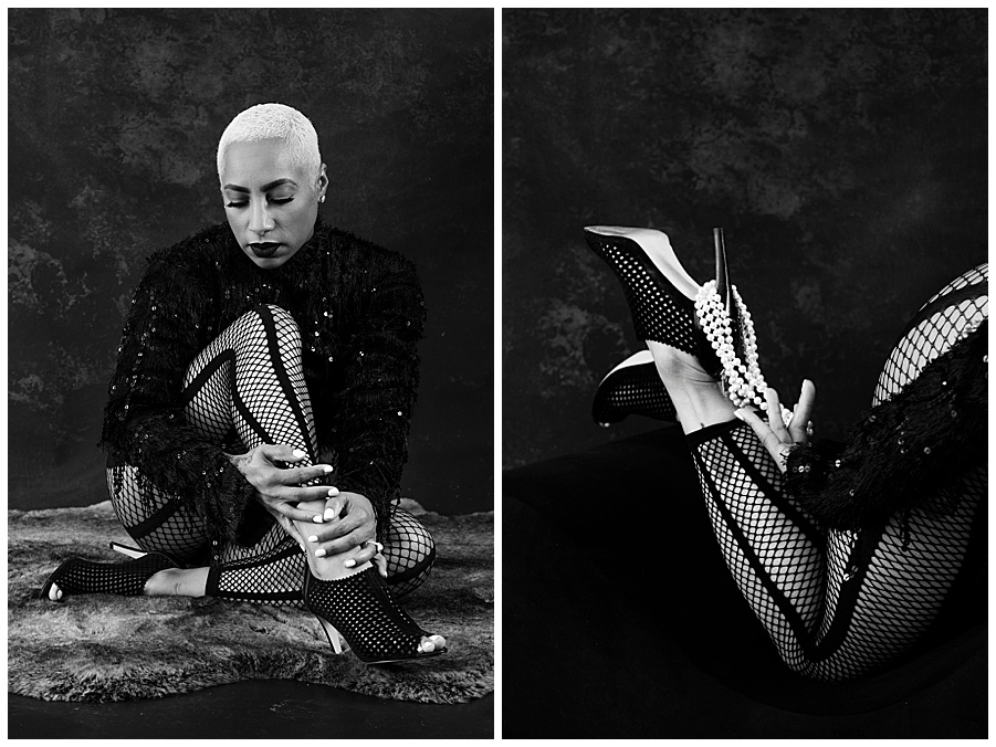 Black and white boudoir portraits captured in a studio of heels and pearls.