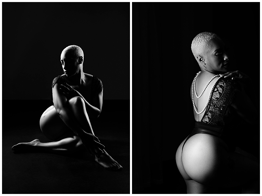 Body sculpting with dramatic lighting during a boudoir portrait session.