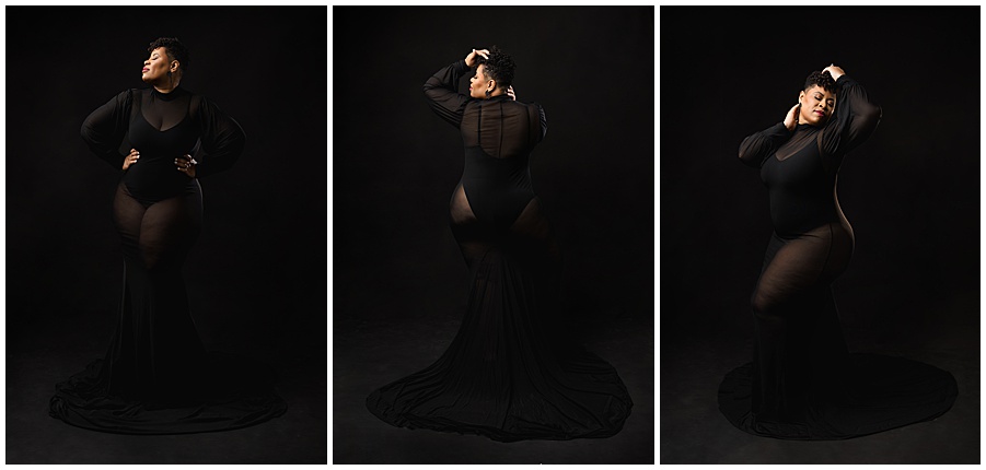 Black sheer long sleeve gown in standing pose of a plus size women.