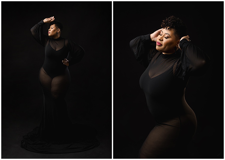African American plus size women photographed in a sexy sheer gown.