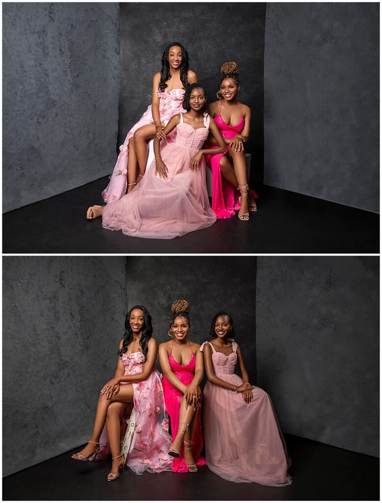 Studio family session dressed in pink of three African American ladies.