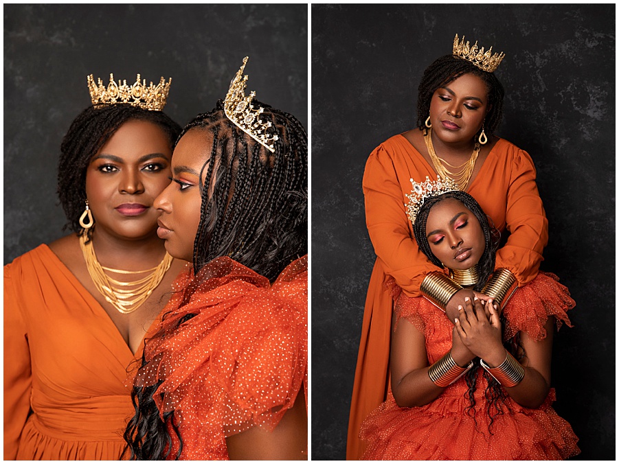 Alexandria, VA studio mother-daughter portrait session dressed in burnt orange.