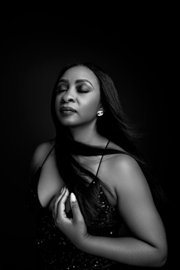 Black and white portrait of African American woman in an angelic beauty shot. 