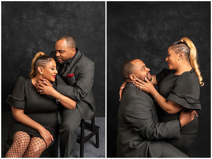 couple in loving embrace with tender touch during their engagement session.