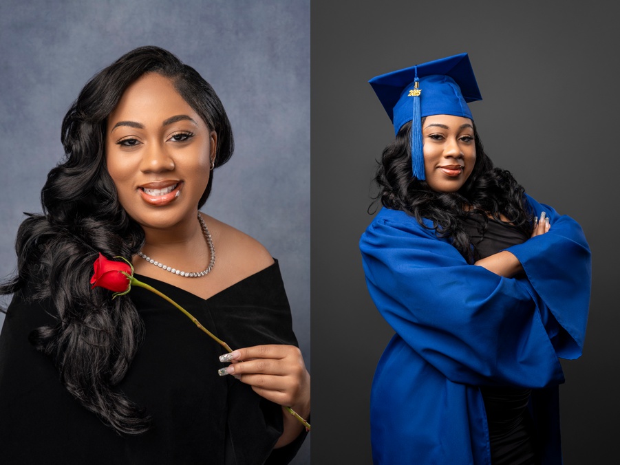 Female high school senior in cap n gown and black drape.