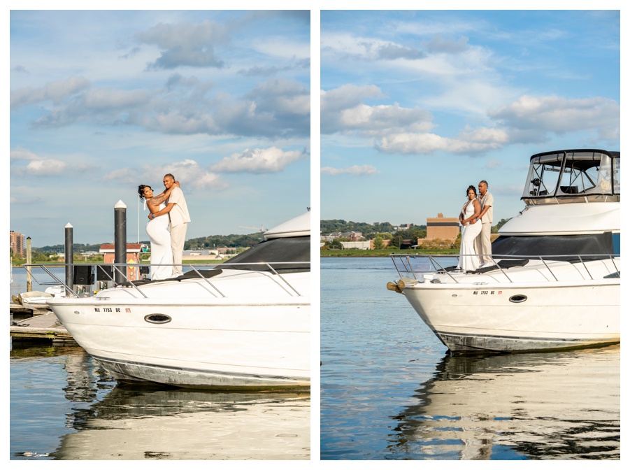 Golden hour engagement portraits on a yacht.